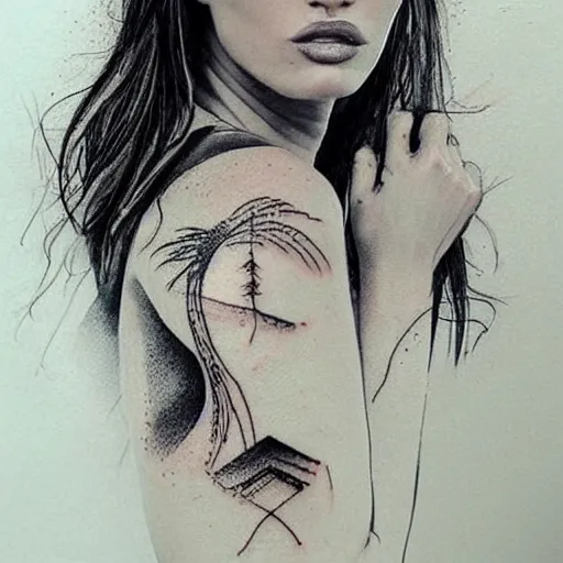 Image similar to megan fox as beautiful mountains, double exposure effect, medium sized tattoo sketch, amazing detail, trending on pinterest, in the style of robin vandenabeele