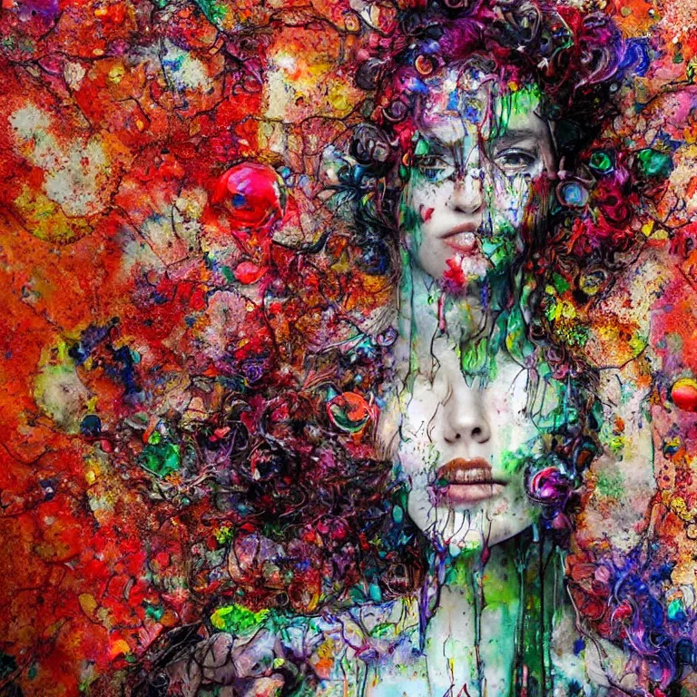 Prompt: portrait of a woman with swirling crystal hair and fractal skin, illustration by artur bordalo, retrofuturism, psychedelic art reimagined by industrial light and magic