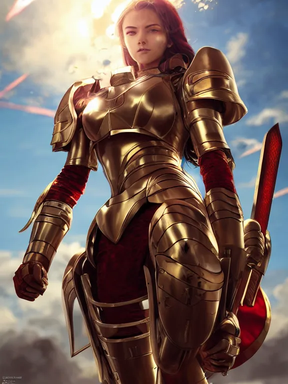 Image similar to picture of fully armored valkyrie, crimson plated, sword and shield, golden wings, divine vibes, light brown hair, white skin, shiny golden eyes, pretty, sky background, sharp focus, highly detailed, cinematic lighting, studio quality, smooth render, unreal engine 5 rendered, octane, rendered, by artgerm, greg rutkowski, alphonse mucha