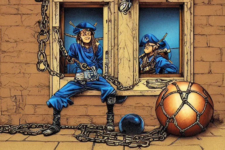 Prompt: aesthetic digital illustration of a pirate wearing a ball and chain by masamune shirow and alex horley - orandelli, sitting on a cot under a barred window inside a prison, centered, deviantart