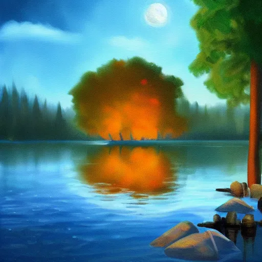 Image similar to lake, trees, night, fireflies glowing above water, painting, concept art,