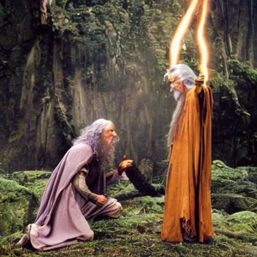 Prompt: gandalf doing a shamanic ritual with frodo in the movie lord of the rings, ayahuasca, dmt, magic mushroom