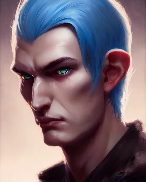 Prompt: character portrait of a slender young half elven man with white hair, piercing bright blue eyes, and pale bluish skin, by greg rutkowski, mark brookes, jim burns, tom bagshaw, trending on artstation