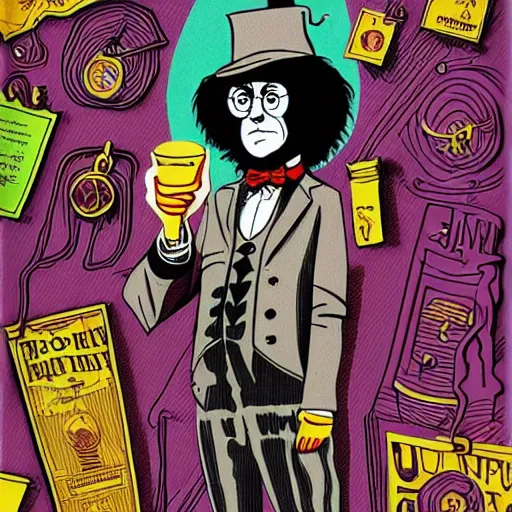 Image similar to graphic illustration, creative design, harry potter as willy wonka, biopunk, francis bacon, highly detailed, hunter s thompson, concept art