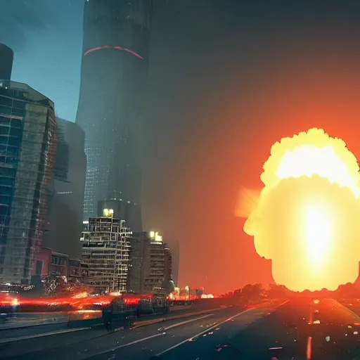 Image similar to a cinematic film still of a nuclear warhead exploding in the middle of a city 4k