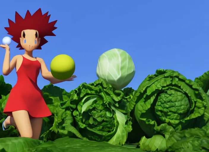 Image similar to Misty from Pokemon is throwing a pokeball at a cabbage. 3D render, action shot