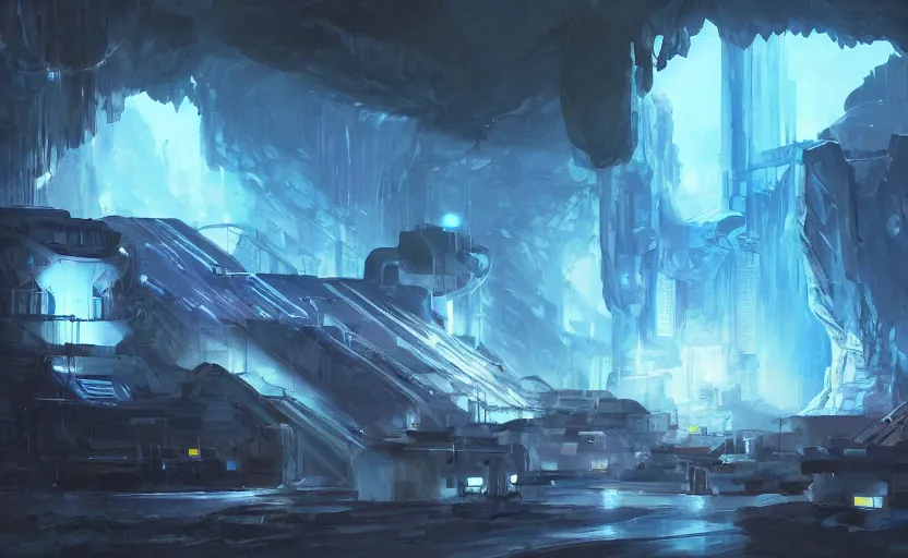 Prompt: futuristic factory in a dark cave, blue crystals, concept art by frank hong, mate painting, artstation