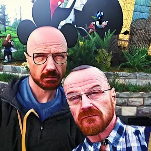 Image similar to walter white and jesse pinkman doing a selfie with mickey mouse, realistic