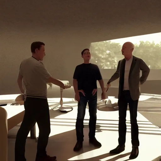 Prompt: Elon Musk, Mark Zuckerberg, Jeff Bezos secret meeting, style of GTA, by Bruce pennington and Greg Rutkowski cgs society, very details, comic style, unreal engine, octane render, 8k