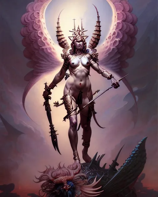 Image similar to goddess of war, beautiful fantasy character portrait, ultra realistic, wide angle, intricate details, highly detailed by peter mohrbacher, boris vallejo, hajime sorayama, wayne barlowe, aaron horkey, gaston bussiere, craig mullins