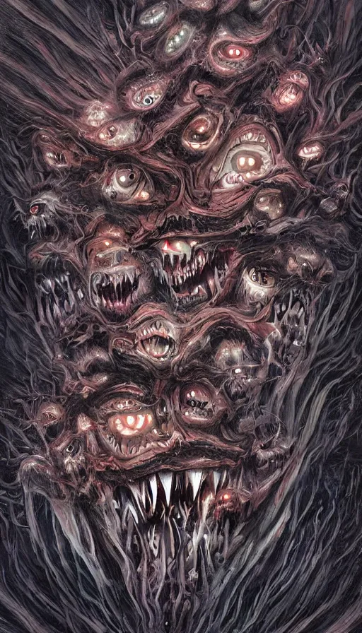 Image similar to a storm vortex made of many demonic eyes and teeth, by qian xuan