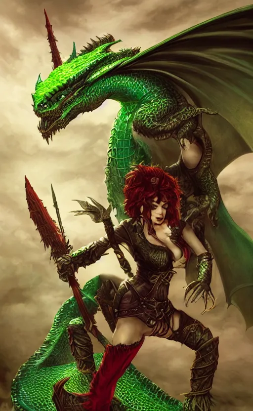 Image similar to epic fantasy dungeons and dragons scene, female halfling rogue, riding on top of a green dragon, green dragon, waterdeep, black hair, rogue, fantasy, red leather corset, cinematic, beautiful lighting, heroic, digital art