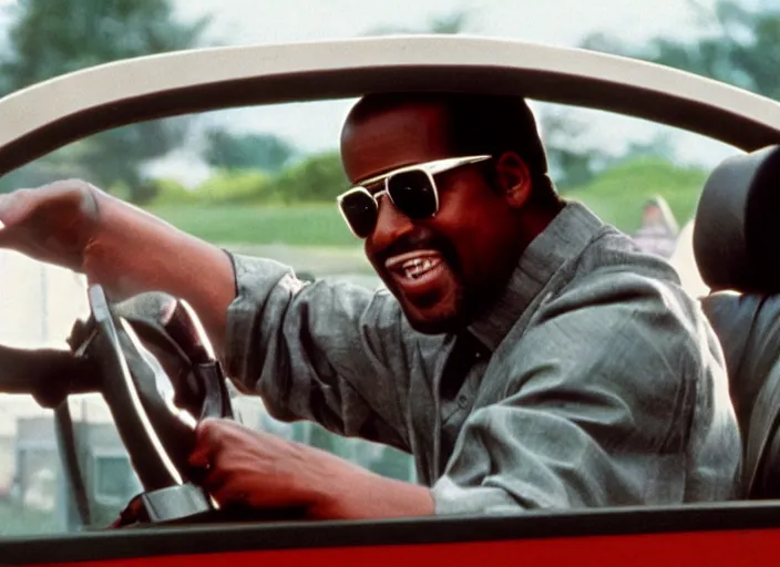 Image similar to film still of Stevie Wonder driving a schoolbus in the new Field of Dreams movie, 8k