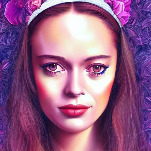 Prompt: Beautiful portrait of a cute girl, mix of Anna Karina, grimes, Lana Del Rey, in the style of Alex grey, Summer Glau, Lana Del Rey trending on ArtStation