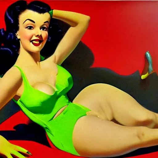 Prompt: portrait of pin up girl in a neon green bikini, art by gil elvgren, earl moran, joyce ballantyne, art frahm