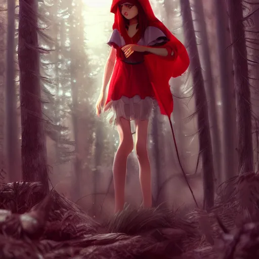 Image similar to ''red riding hood as a werewolf, princess Mononoke inspired, by WLOP, trending on ArtStation, octane render''