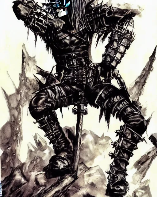 Image similar to portrait of a skinny punk goth steve buscemi wearing armor by simon bisley, john blance, frank frazetta, fantasy, thief warrior