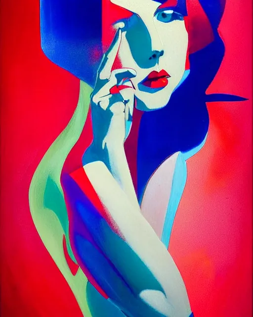 Image similar to full length portrait of 2 0 year old mary louise brooks dancing, shiny bob haircut, dramatic light, red and blue abstract art deco city background, air brush art, high contrast, sharp,, painted by ross tran 1 9 2 0 s