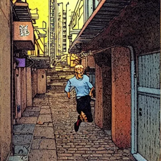 Image similar to a man running down an alley in hong kong, art by moebius