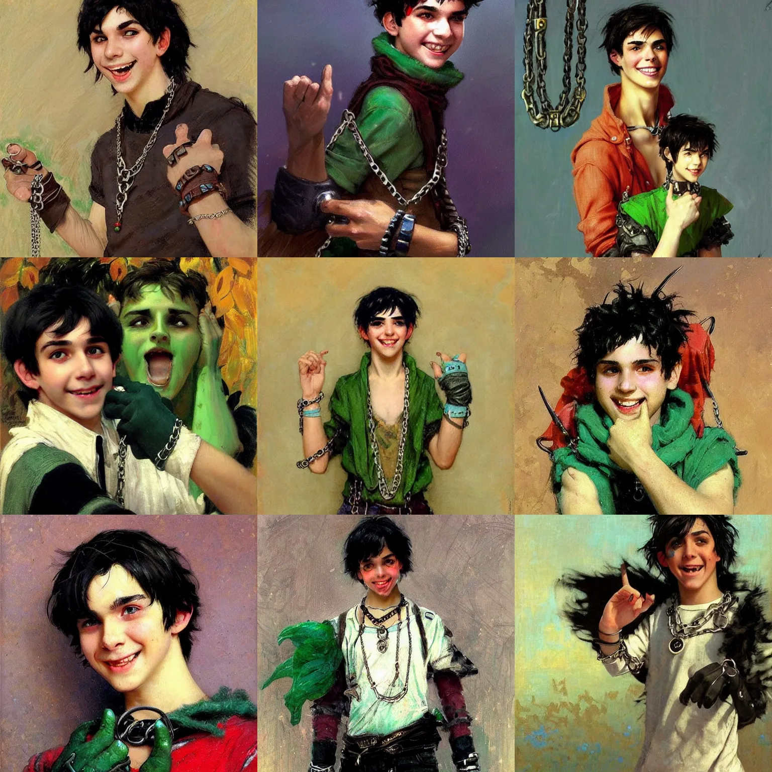 Prompt: a teenage boy with black hair and green eyes dressed as a demigod with fingerless gloves, pendants, chains and jewelry and a big smile and friendly demeanor. Concept art. Trending on Artstation. By Ilya Repin, Norman Rockwell .