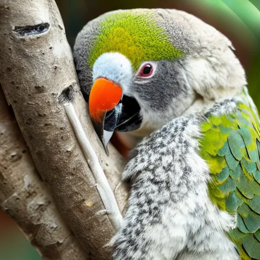 Image similar to award winning nature photograph of a parrot's beak on a koala in a tree. the koala is eating a eucalyptus leaf. focus on the beak. extreme detail, hyperrealistic photo, smooth, trending on artstation