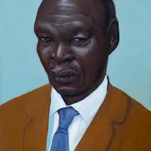 Image similar to a painting of a fatherly, aquiline nose, wide forehead, round face, XXL , loving, caring, generous, ever-present, humble, wise elder from Kenya with a friendly expression in a suit by Lynette Yiadom-Boakye . Fatherly/daddy, focused, loving, leader, relaxed,. ethereal lights, details, smooth, sharp focus, illustration, realistic, cinematic, artstation, award winning, rgb , unreal engine, octane render, cinematic light, macro, depth of field, blur, red light and clouds from the back, highly detailed epic cinematic concept art CG render made in Maya, Blender and Photoshop, octane render, excellent composition, dynamic dramatic cinematic lighting, aesthetic, very inspirational, arthouse.