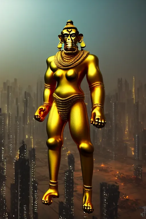 Image similar to high quality 3 d render cyborg gold hanuman! with nose piercings, cyberpunk highly detailed, mumbai in the background, unreal engine cinematic smooth, in the style of blade runner & solaris, hannah yata charlie immer, moody light, low angle, uhd 8 k, sharp focus