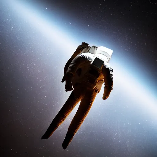 Image similar to photograph of an astronaut against the darkness of space, singular light source from below, full body photo, amazing light and shadow contrast, 8 k