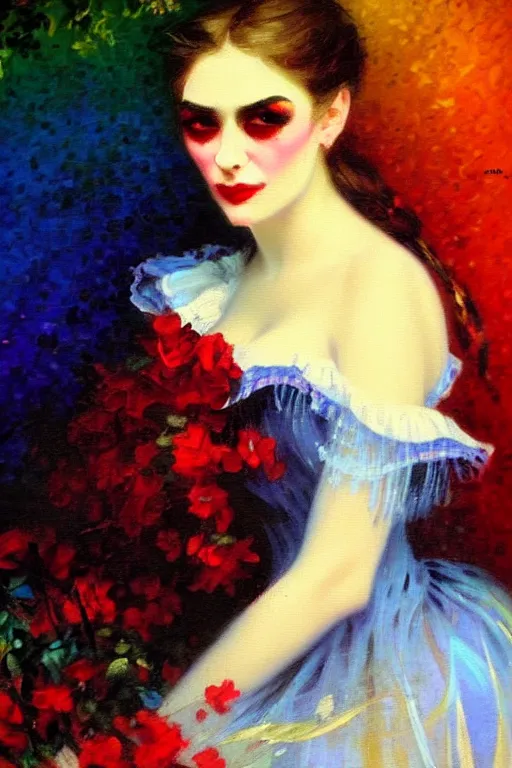 Image similar to impressionist brushstrokes!!!! lisa frank and richard schmid and jeremy lipking victorian loose genre loose painting full length portrait painting of a victorian vampire