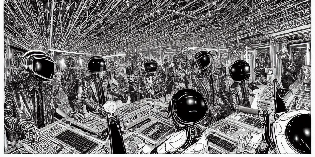Prompt: intricate detailed artwork of 2 Daft Punk robot rock using a Macbook at an underground warehouse rave in Ibiza, playing techno house music, thousands of beautiful girls in bikini dancing, in the style of Moebius, wires, speakers, black and white ink, some ink drips, sharp details