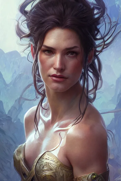 Image similar to portrait of an amazon, muscular, upper body, D&D, fantasy, intricate, cinematic lighting, highly detailed, digital painting, artstation, concept art, smooth, sharp focus, illustration, art by Artgerm and Greg Rutkowski and Alphonse Mucha