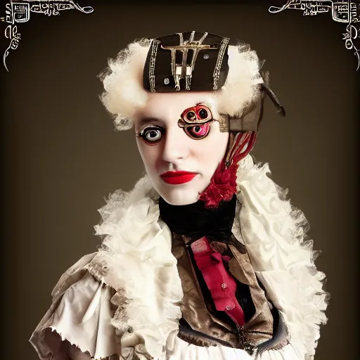 Prompt: Clockwork Cyborg Vampire French Aristocrat, powdered wig, gears, prosthetics, full-body