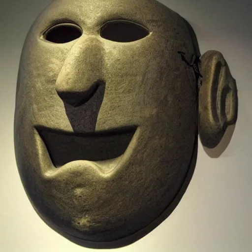 Image similar to a creepy stone mask with empty eyes and a smiling empty gaping mouth, the mask is smooth and has no nose