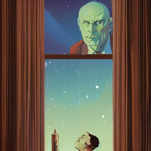 Image similar to poster artwork by Michael Whelan and Tomer Hanuka, Karol Bak of the last alchemist looks out his window at the stars, from scene from Twin Peaks, clean, simple illustration, nostalgic, domestic, full of details