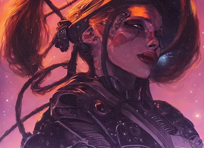 Image similar to portrait of female space pirate, night sky background, beautiful! coherent! by brom, deep color, strong line, high contrast