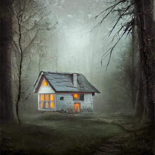 Prompt: a painting of a cottage in the middle of the woods, eerie thriller aesthetic!, detailed digital art, trending on artstation