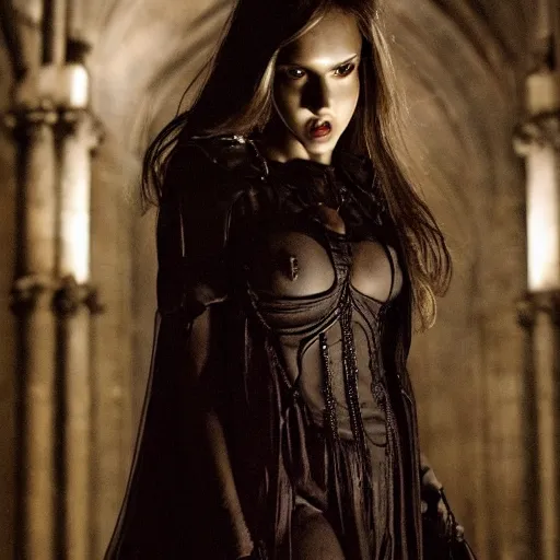 Image similar to jessica alba as a female demon in a gloomy gothic cathedral at night