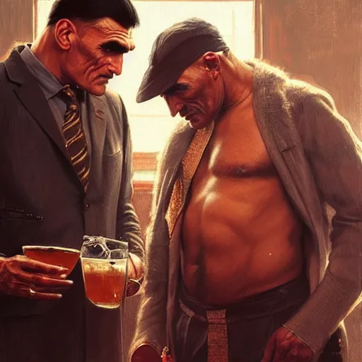 Prompt: an indian man and vinnie jones in a pub, real life skin, intricate, elegant, highly detailed, artstation, concept art, smooth, sharp focus, art by artgerm and greg rutkowski and alphonse mucha