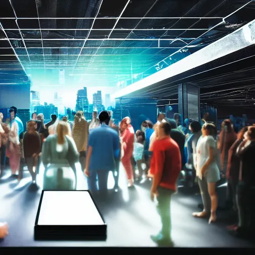 Image similar to large group people in a huge warehouse, looking at hologram of futuristic city on a table | cinematic concept art | godrays | 4 k | clear details | tabletop | tabletop | hologram foreground