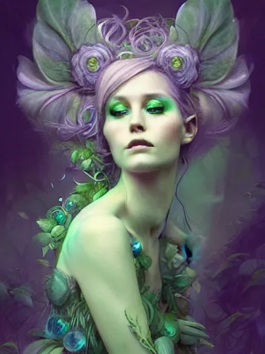 Image similar to green!! forest fae ; by james jean, charlie bowater, tom bagshaw, nikolay makovsky, melanie delon : : enchanting, ethereal, magical, glowing, sparkle, iridescent, flowerpunk, portrait, character design, illustration, hyperrealism, photorealism, digital art, concept art, dark fantasy, weta, wlop, artstation