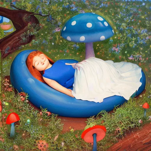 Prompt: A girl sleeping under a giant blue toadstool, artist Normal Rockwell,