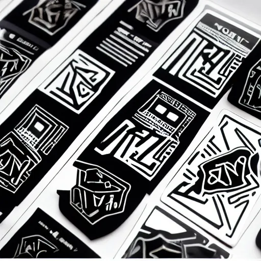 Prompt: black on white graphic design stickers in style of david rudnick, eric hu, guccimaze, acid, y 2 k, 4 k sharpening, rule of thirds composition