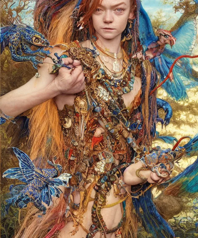 Image similar to a portrait photograph of a meditating fierce sadie sink as a colorful harpy hawk super hero with blue spotted slimy skin with scales. her body is transforming into a amphibian beast. by donato giancola, hans holbein, walton ford, gaston bussiere, peter mohrbacher and brian froud. 8 k, cgsociety, fashion editorial