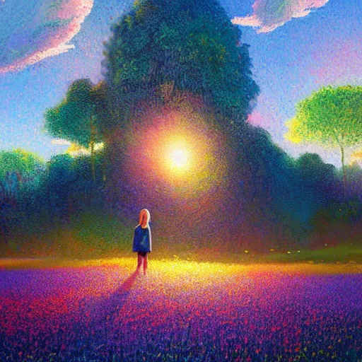 Image similar to girl of flowers, standing in a flower field, big trees, sunrise dramatic light, impressionist painting, colorful clouds, digital painting, pointillism, artstation, simon stalenhag