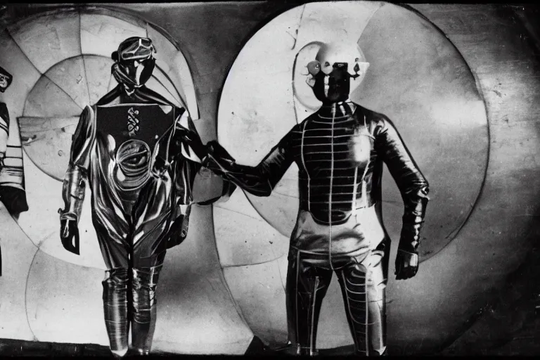 Image similar to a time traveler dressed in a futuristic experimental suit, among 1 9 2 0 s people. in a black and white historical picture, leica, grainy