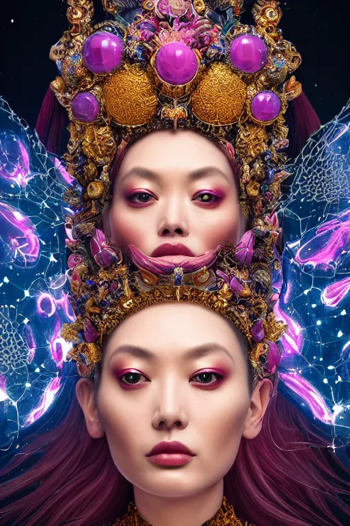 Image similar to a beautiful empress portrait, with a brilliant, impossible striking big cosmic galaxy headpiece, clothes entirely made out of cosmos chaos energy, symmetrical, dramatic studio lighting, rococo, baroque, jewels, asian, hyperrealism, closeup, D&D, fantasy, intricate, elegant, highly detailed, digital painting, artstation, octane render, 8k, concept art, matte, sharp focus, illustration, art by Artgerm and Greg Rutkowski and Alphonse Mucha