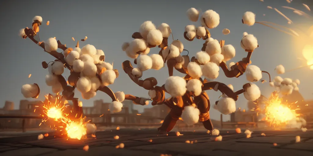 Image similar to explosion in the form of cotton plant on the bridge, team fortress style, 3 d octane remder, epic lighting, 8 k, by goro fujita