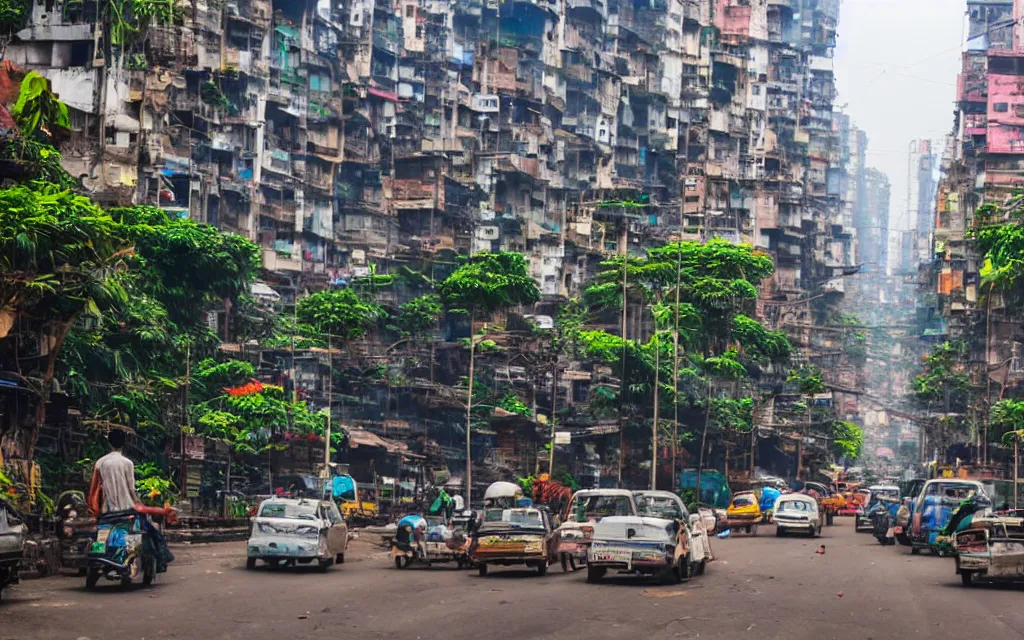 Image similar to streets of mumbai, future, mossy buildings