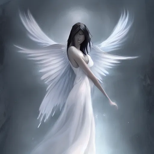 Image similar to a concept art drawing of a beautiful female angle in a white dress on a dark steamy background, spreading her wings, symmetry features, soft painting, volumetric light, fog, fantasy background, artstation, detailed, award winning