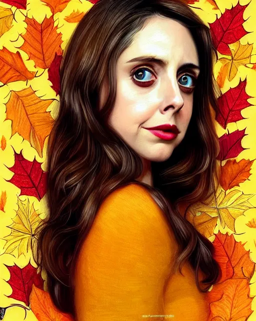 Prompt: gorgeous young Alison Brie, realistic character concept, full body, autumn leaves, orange yellow, medium shot, shorter neck, illustration, symmetrical face and body, realistic eyes, cinematic lighting, detailed realistic symmetrical eyes, symmetrical nose, symmetrical pupils, symmetrical nostrils, face by artgerm, symmetrical nose, high resolution, Joshua Middleton, Charlie Bowater, single face, insanely detailed and intricate, beautiful